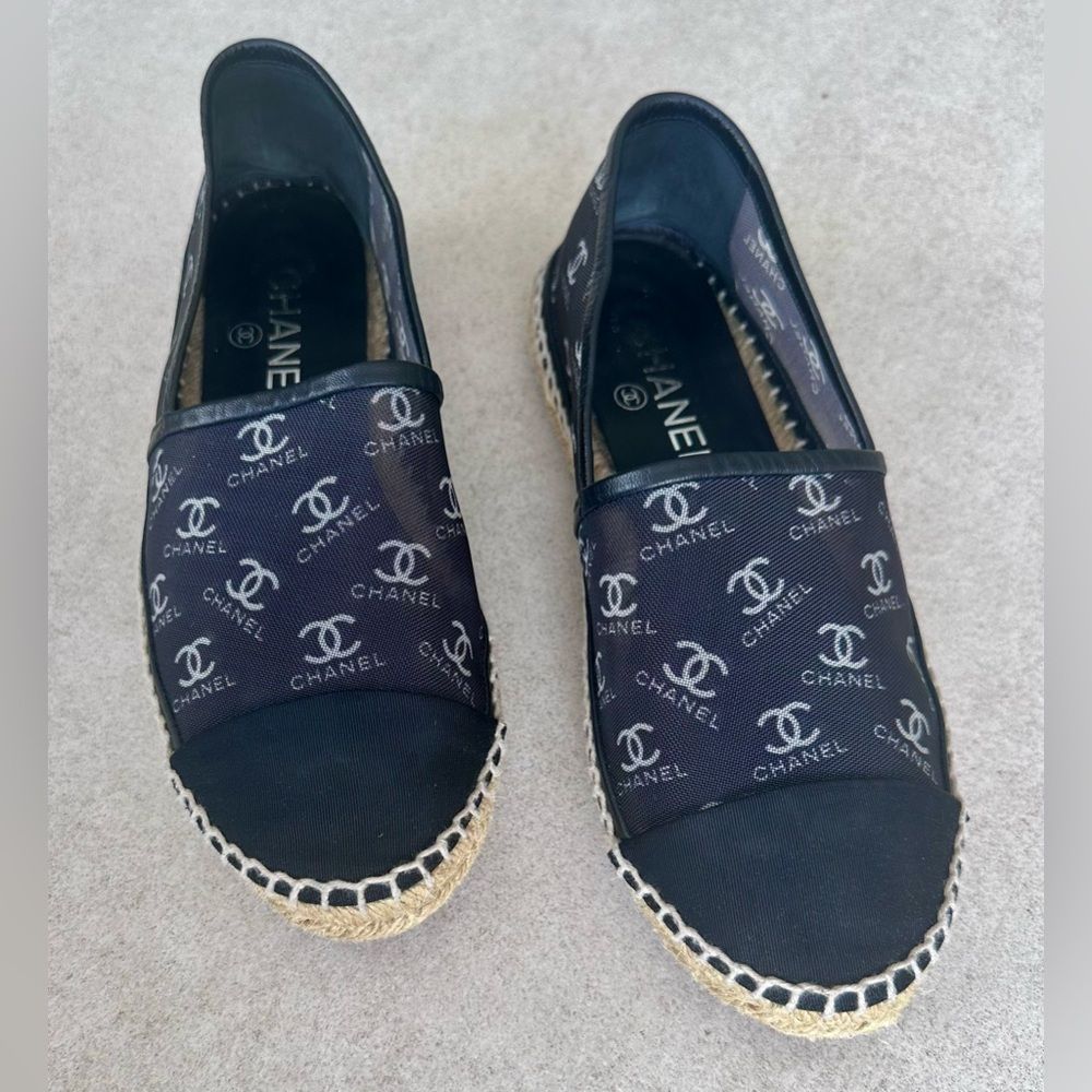 Chanel Cc Logo Mesh Grosgrain Cap Toe Black Espadrille Flats Eu 37 Us 6-6.5
